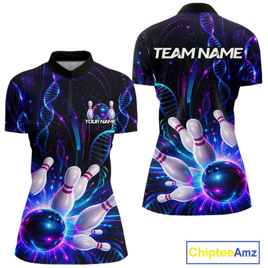Custom Neon DNA bowling quarter-zip shirt, front and back views, bowling league jersey for women