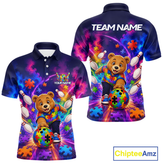 Colorful Autism Bear Bowling Shirt Custom Bowling Jersey League for Men Polo & Quarter-Zip QZT1052