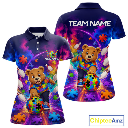 Colorful Autism Bear Bowling Shirt Custom Bowling Jersey League for Women Polo & 1/4-Zip QZT1052