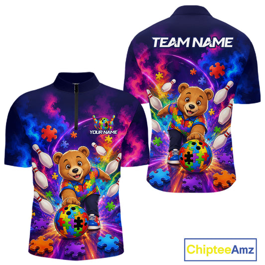Colorful Autism Bear Bowling Shirt Custom Bowling Jersey League for Men Polo & Quarter-Zip QZT1052