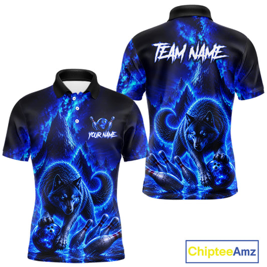 Black polo shirt with blue wolf design on front and back, customizable text areas, and Chiptee Amz branding.