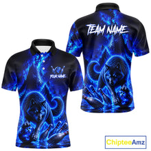 Load image into Gallery viewer, Black polo shirt with blue wolf design on front and back, customizable text areas, and Chiptee Amz branding.