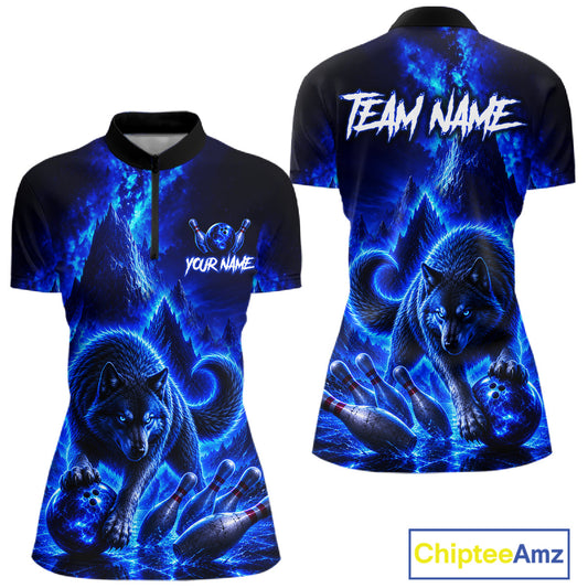 Blue and black polo shirt with wolf design and customizable text on a white background
