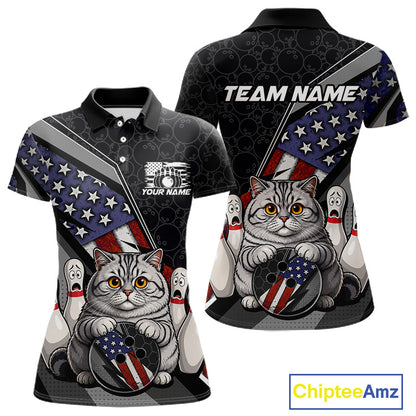 Front and back view custom black patriotic cat bowling polo shirt featuring a cute cartoon feline, American flag, bowling ball and honeycomb pattern, displaying Your Name and Team Name