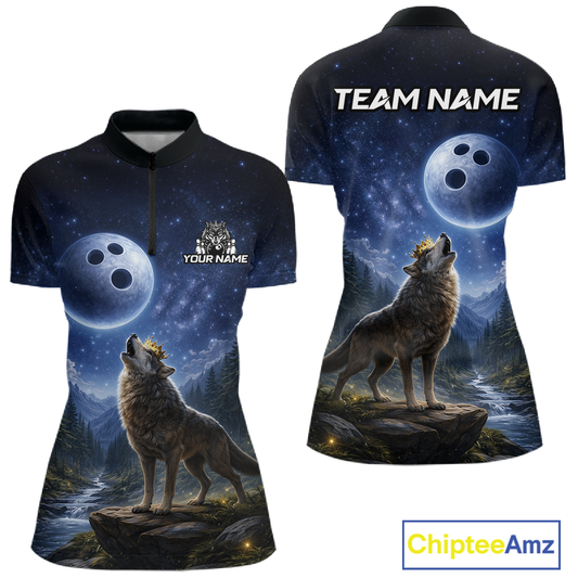 Custom Majestic Wolf Bowling Shirt for Women King Crown Bowling Jersey Polo & Quarter-Zip QZT964