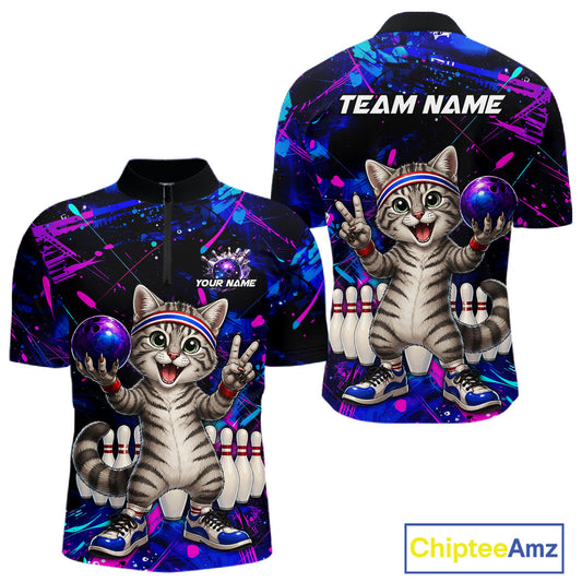 Colorful bowling shirt with a cartoon cat design and 'Team Name' text on a white background.