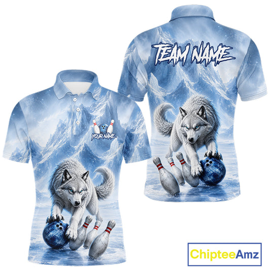 Polo shirt with wolf design and bowling elements on a white background