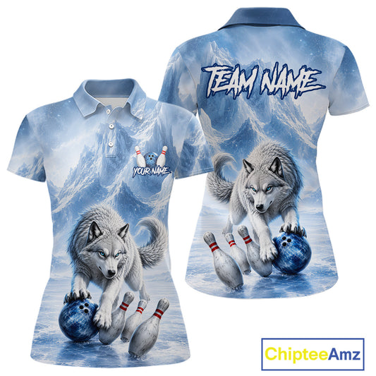 Polo shirt with wolf design and bowling elements, featuring 'Team Name' text on a blue and white background.