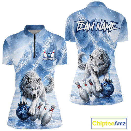 Two polo shirts with wolf graphics and bowling elements on a blue mountain background, featuring 'Chiptee Amz' branding.