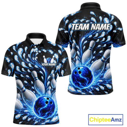 Bowling-themed shirt with blue and black design, featuring a bowling ball and pins, on a white background. 'Chiptee Amz' brand visible.