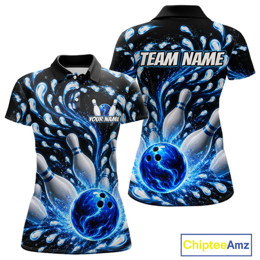 Bowling-themed polo shirt with customizable text on a white background