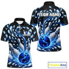 Load image into Gallery viewer, Bowling-themed shirt with blue and black design, featuring a bowling ball and pins, on a white background. 'Chiptee Amz' brand visible.