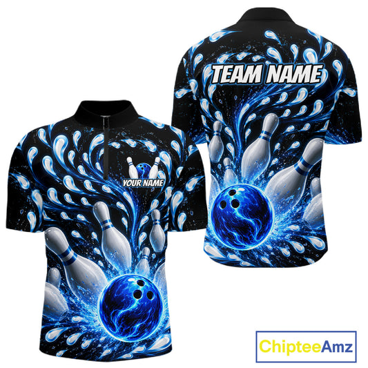 Bowling-themed shirt with blue and black design, featuring a bowling ball and pins, on a white background. 'Team Name' and 'Your Name' text placeholders are visible.