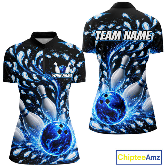 Bowling-themed polo shirt with blue and black design, featuring a bowling ball and pins, with 'Team Name' and 'Your Name' text placeholders.