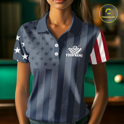 Custom American Flag Billiard Team Shirts for Women Patriotic Billiard Jersey Polo & 1/4 Zip Pool Shirt BHT24