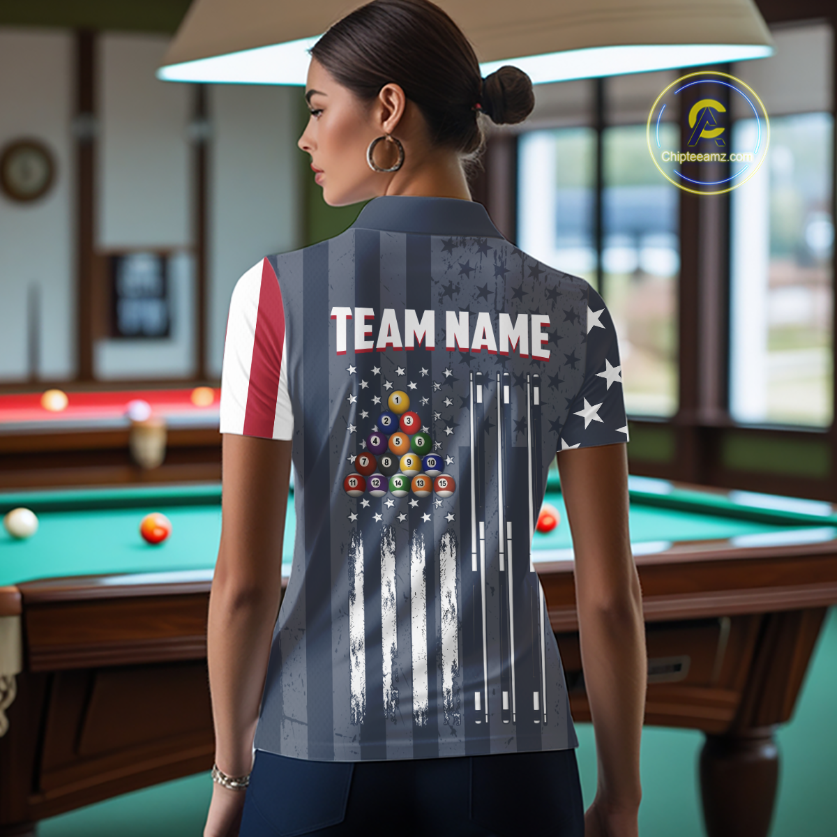 Custom American Flag Billiard Team Shirts for Women Patriotic Billiard Jersey Polo & 1/4 Zip Pool Shirt BHT24