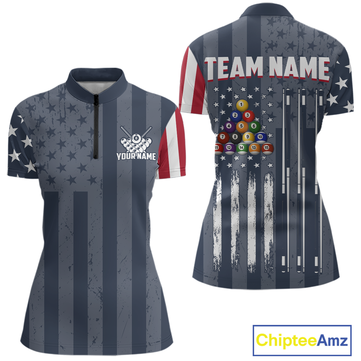 Custom American Flag Billiard Team Shirts for Women Patriotic Billiard Jersey Polo & 1/4 Zip Pool Shirt BHT24