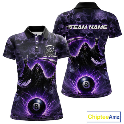 Purple-themed polo shirt with a Grim Reaper design and 'Team Name' text on a white background.