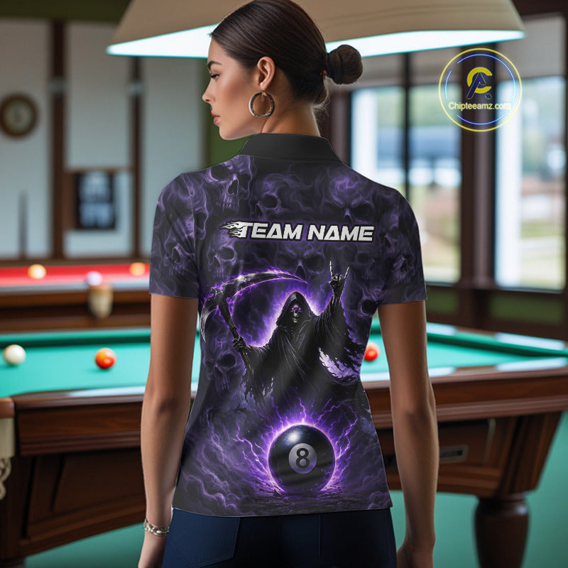 Woman wearing a custom polo shirt with a purple design and 'Team Name' text in a pool hall.