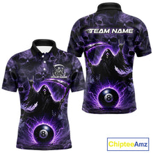 Load image into Gallery viewer, Purple and black themed polo shirt with 8-ball design and 'Team Name' text, featuring Chiptee Amz branding.