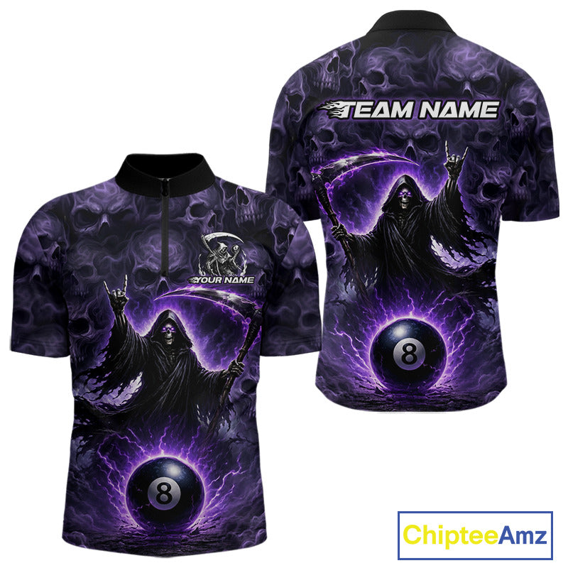 Purple and black sports jersey with grim reaper design and 8-ball, personalized text on a white background.
