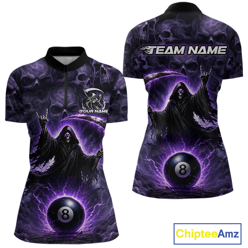 Purple-themed shirt with a ghost and 8-ball design, featuring 'Team Name' text on the back.