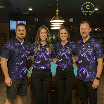Four people wearing matching purple and black shirts in a pool hall.