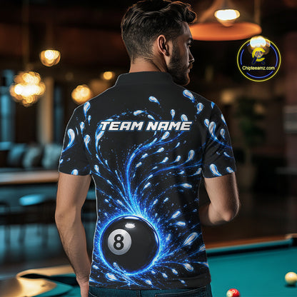 Man wearing a black shirt with a pool ball design and 'Team Name' text in a billiards hall.