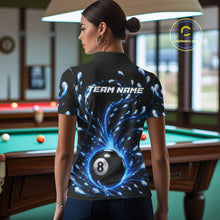 Load image into Gallery viewer, Person wearing a black shirt with a blue and white design and 'TEAM NAME' text, standing in a pool hall.