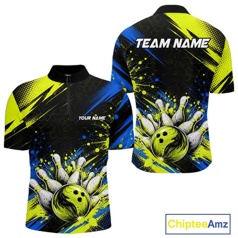 Custom bowling-themed short-sleeve polo shirt shown from both front and back views. The shirt features a black base with vibrant neon yellow and blue graphic patterns, including a bowling ball and pins design on the front and back, with customizable text placeholders 'YOUR NAME' and 'TEAM NAME'.
