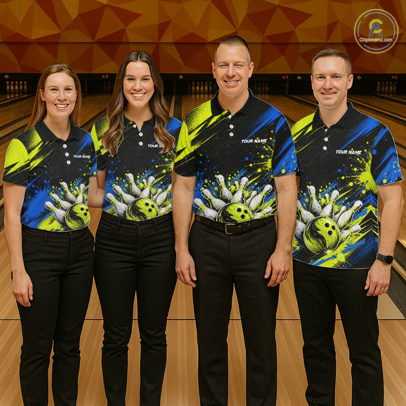 Four people standing together in a bowling alley wearing matching custom bowling shirts with a black base, blue and neon yellow graphics, and bowling pins and balls design. The shirts have the brand name 'now blue' printed on the chest.