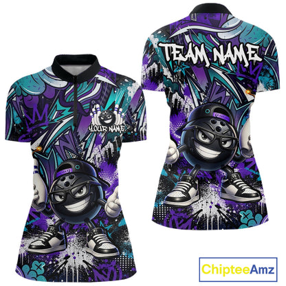Colorful bowling shirt with cartoon character design and 'Team Name' text on a white background.