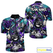 Load image into Gallery viewer, Purple and black bowling shirt with cartoon character and 'Team Name' text, featuring Chiptee Amz branding.