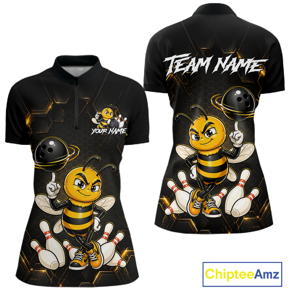 Black & Gold Funny Bee Bowling Shirt for Women Custom Bowling Team Jersey League Polo & 1/4-Zip QZT1008