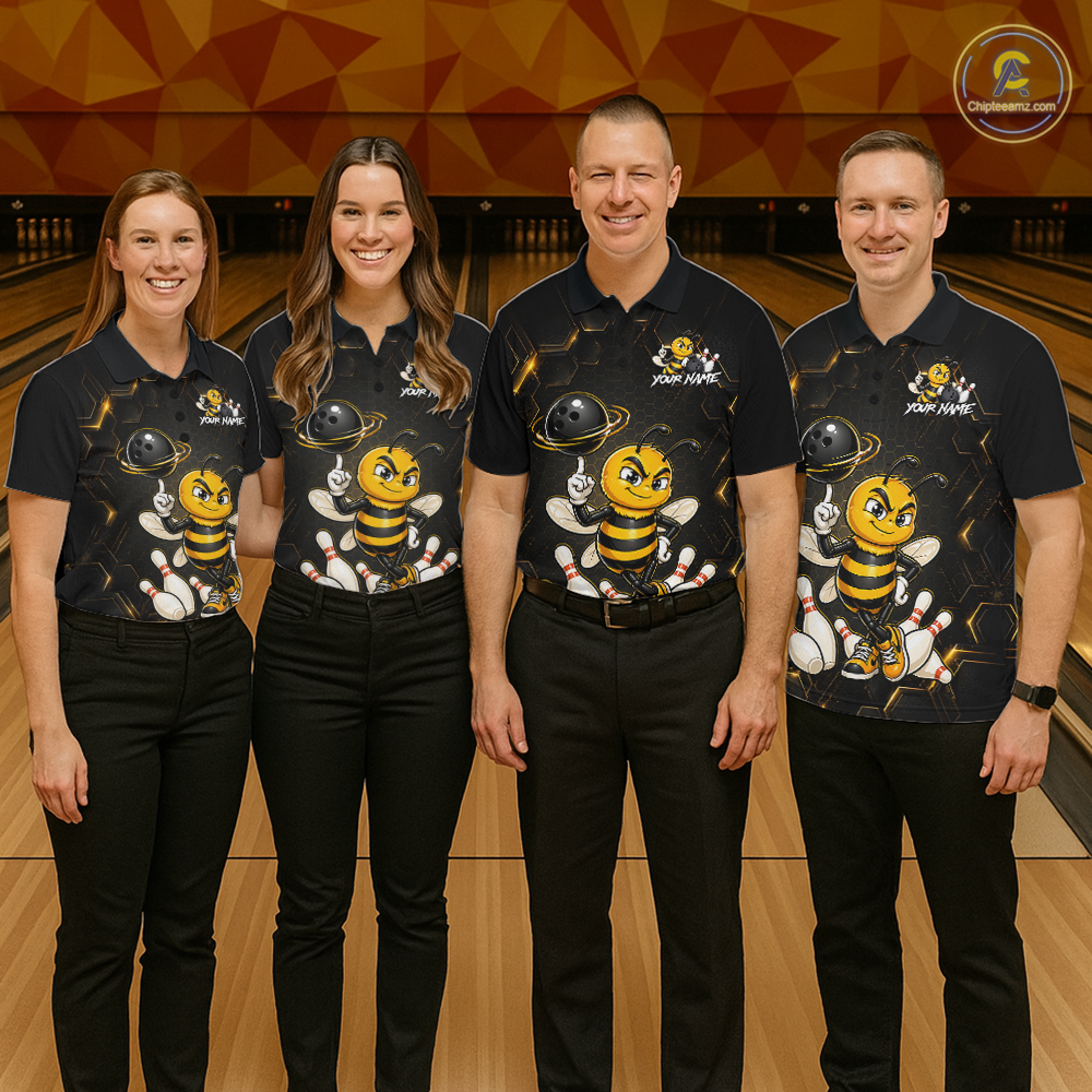 Black & Gold Funny Bee Bowling Shirt for Women Custom Bowling Team Jersey League Polo & 1/4-Zip QZT1008