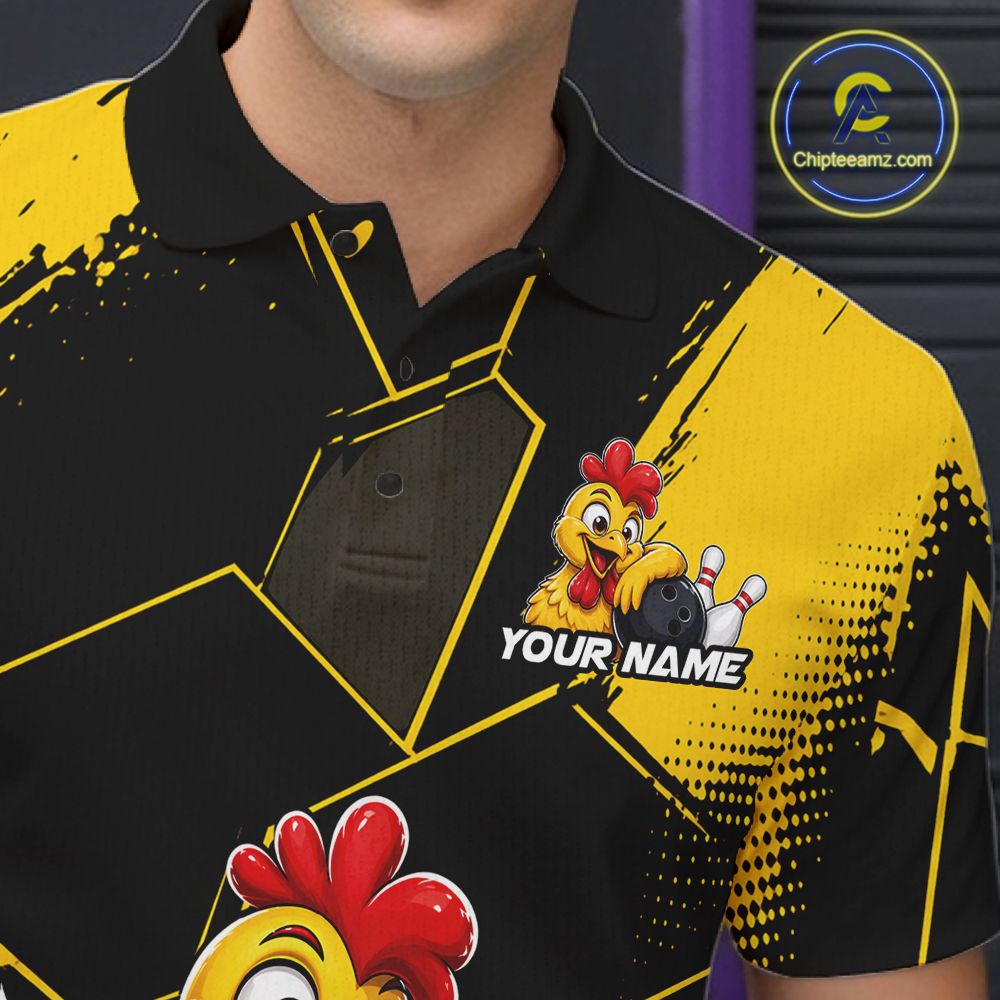 Custom Black & Yellow Funny Chicken Bowling Shirt for Men Bowling Team Jersey Polo & Quarter-Zip QZT1010