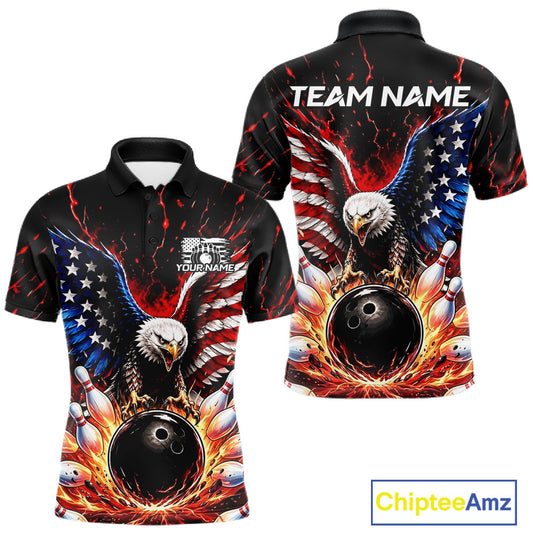 Black polo shirt with eagle design and bowling elements, featuring 'Team Name' text on the back.
