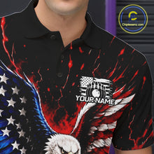 Load image into Gallery viewer, Polo shirt with American flag, eagle, and graphic design on a dark background