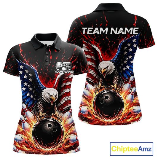 Polo shirt with eagle and bowling design, customizable text, and Chiptee Amz branding.