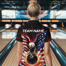 Load image into Gallery viewer, Person wearing a bowling shirt with an eagle and American flag design in a bowling alley.