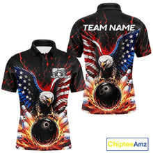 Load image into Gallery viewer, Black polo shirt with eagle design and bowling elements, featuring 'Team Name' text on the back.