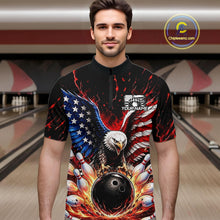 Load image into Gallery viewer, Man wearing a bowling shirt with an eagle and American flag design in a bowling alley.