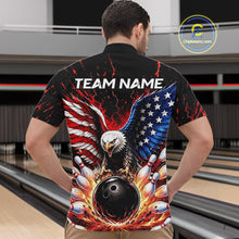 Load image into Gallery viewer, Person wearing a bowling shirt with an eagle design and 'TEAM NAME' text in a bowling alley.