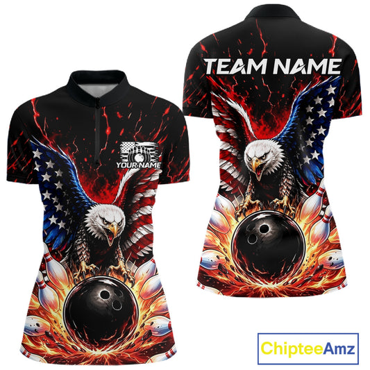 Bowling shirt with eagle design and customizable text, featuring American flag colors.