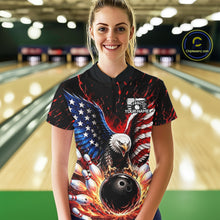 Load image into Gallery viewer, Woman wearing a bowling shirt with an eagle design in a bowling alley