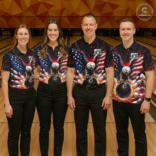 Load image into Gallery viewer, Four people wearing matching bowling shirts with eagle and ball designs on a bowling alley.