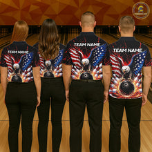 Load image into Gallery viewer, Four people wearing bowling shirts with eagle and American flag design on a bowling alley.