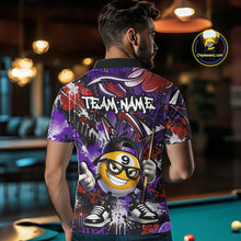 Load image into Gallery viewer, Man wearing a colorful polo shirt with a pool ball design in a bar setting