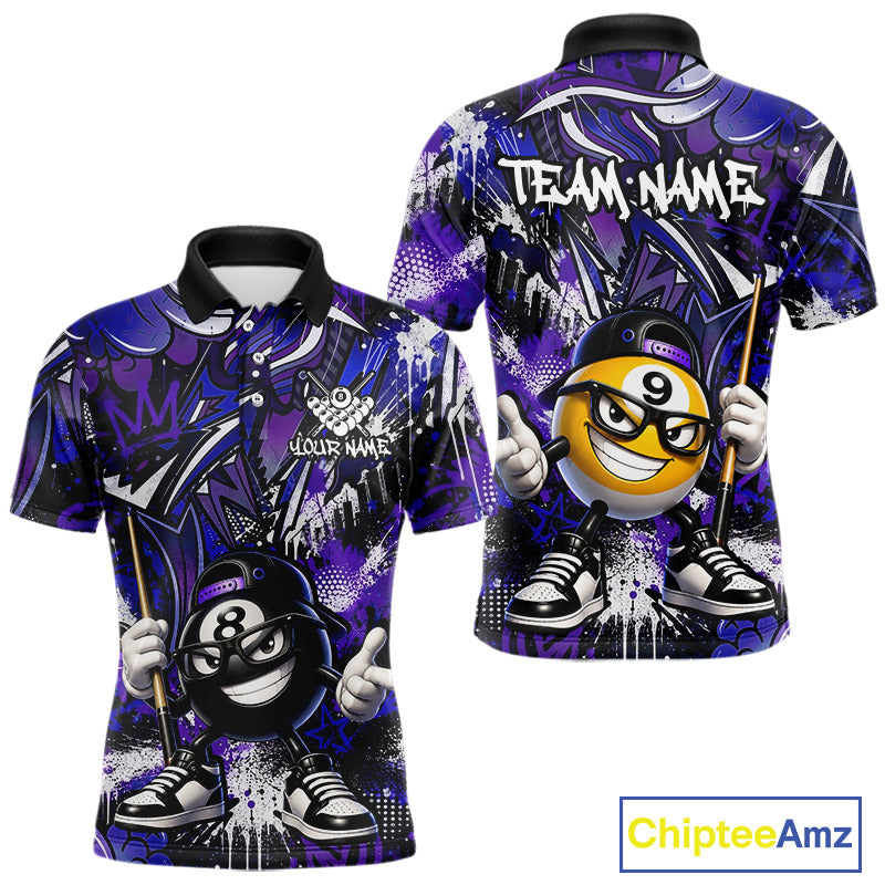 Two views of purple and blue polo shirts with a cartoon pool ball design and 'Chiptee Amz' branding.