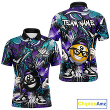Load image into Gallery viewer, Purle teal billiard shirt with cartoon characters and 'Team Name' text, featuring the Chiptee Amz brand.